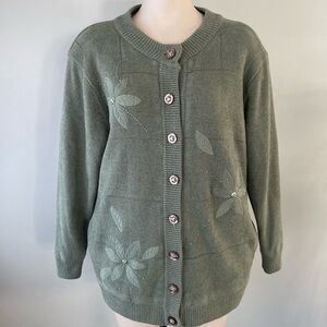 Vintage Embroidered Sequin Floral Knit Cardigan Jacket Sage Green Size L/XL